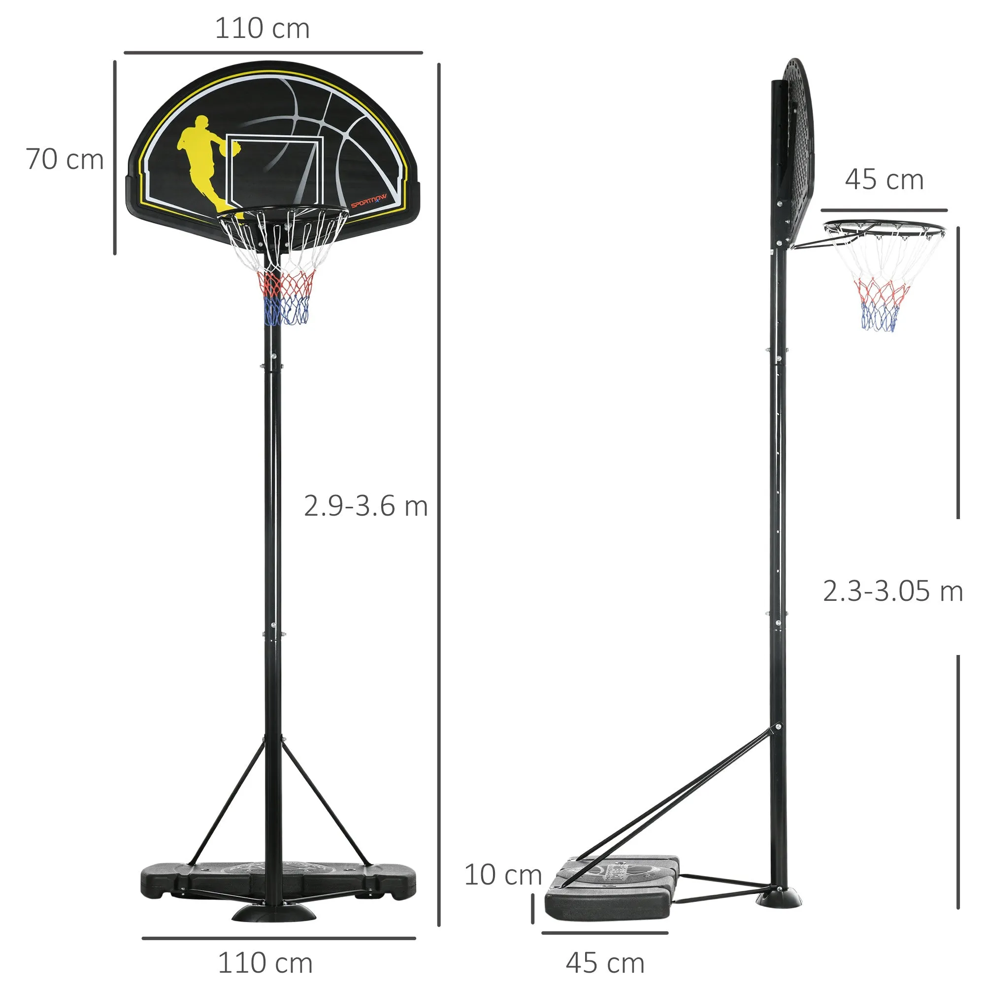 2.3-3m Basketball Hoop and Stand with High Strength PE Backboard and Weighted Base, Portable on Wheels