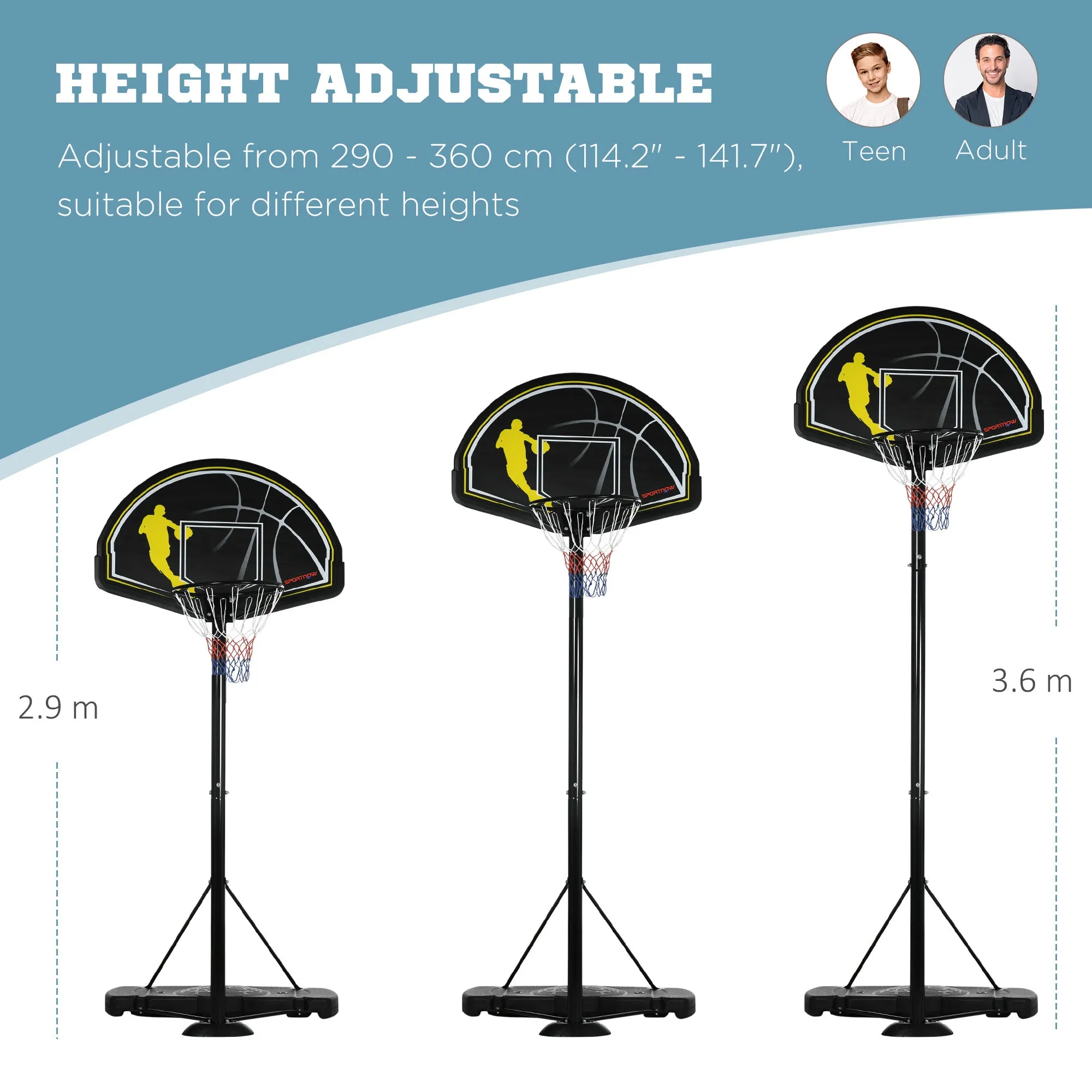 2.3-3m Basketball Hoop and Stand with High Strength PE Backboard and Weighted Base, Portable on Wheels