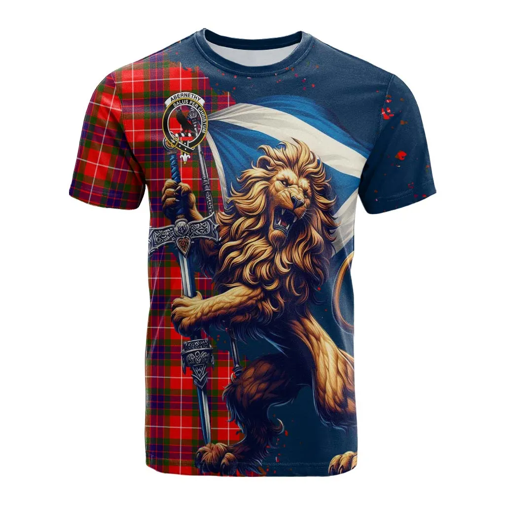 Abernethy Tartan Family Crest Cotton T-shirt with Scottish Majestic Lion