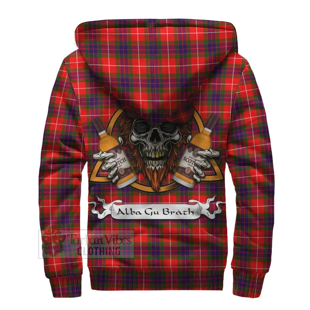 Abernethy Tartan Sherpa Hoodie with Family Crest and Bearded Skull Holding Bottles of Whiskey