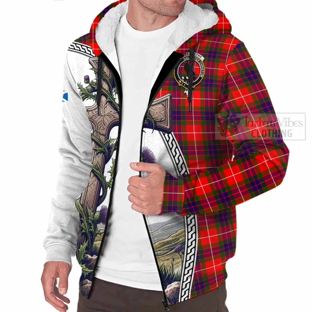 Abernethy Tartan Sherpa Hoodie with Family Crest and St. Andrew's Cross Accented by Thistle Vines