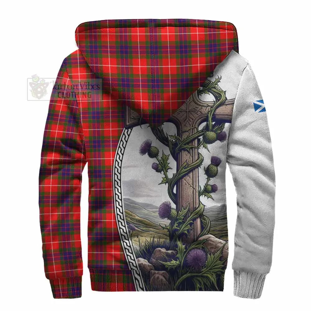 Abernethy Tartan Sherpa Hoodie with Family Crest and St. Andrew's Cross Accented by Thistle Vines