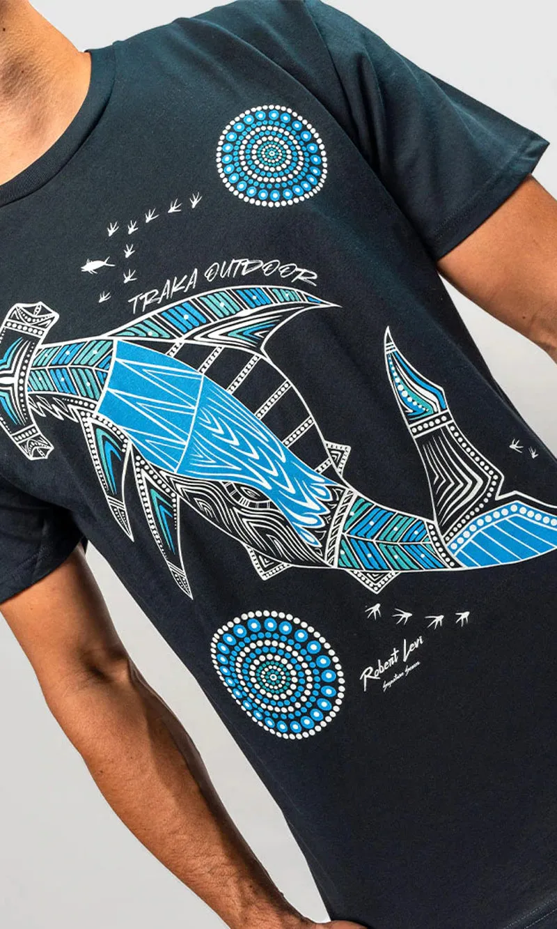 Aboriginal Art Unisex T-Shirt Hammerhead School Navy