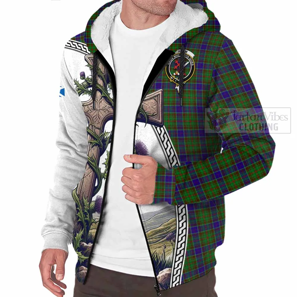 Adam Tartan Sherpa Hoodie with Family Crest and St. Andrew's Cross Accented by Thistle Vines