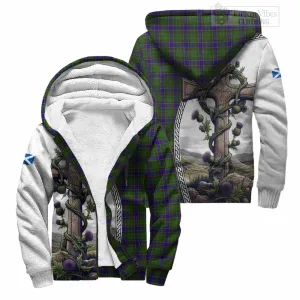 Adam Tartan Sherpa Hoodie with Family Crest and St. Andrew's Cross Accented by Thistle Vines