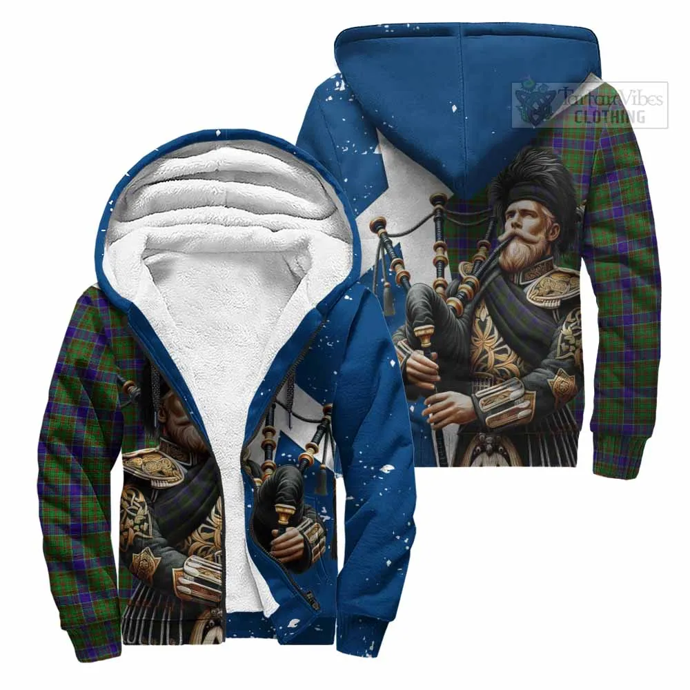 Adam Tartan Sherpa Hoodie with Family Crest Scottish Bagpiper Vibes