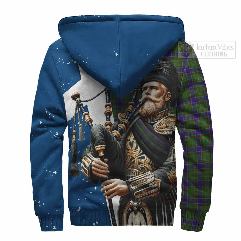 Adam Tartan Sherpa Hoodie with Family Crest Scottish Bagpiper Vibes