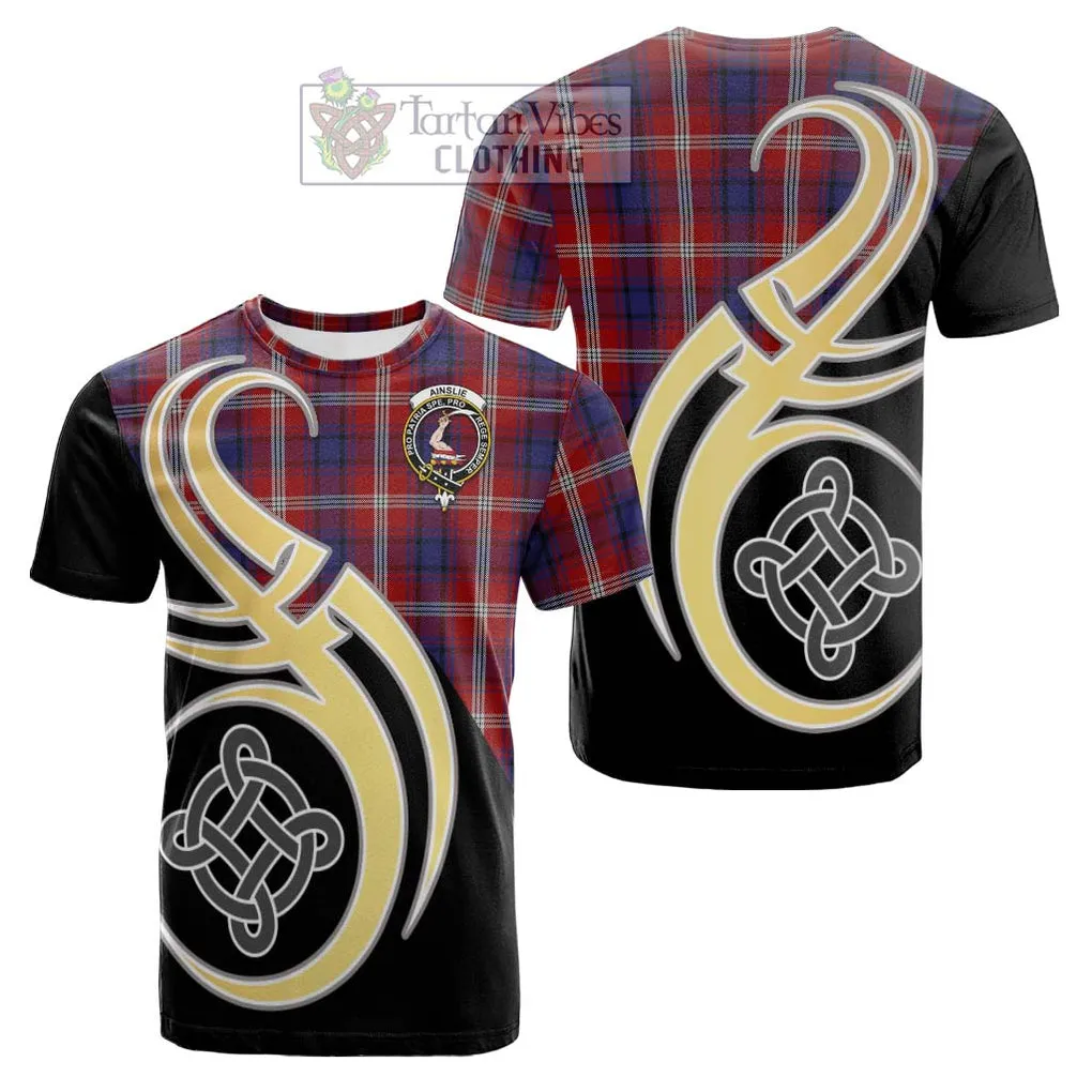 Ainslie Tartan Cotton T-shirt with Family Crest and Celtic Symbol Style