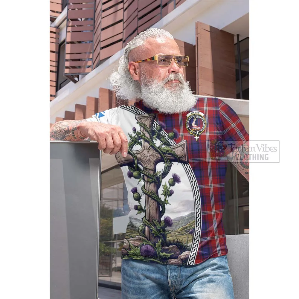 Ainslie Tartan Cotton T-shirt with Family Crest and St. Andrew's Cross Accented by Thistle Vines