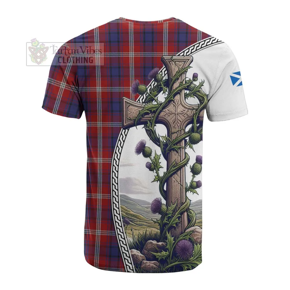 Ainslie Tartan Cotton T-shirt with Family Crest and St. Andrew's Cross Accented by Thistle Vines