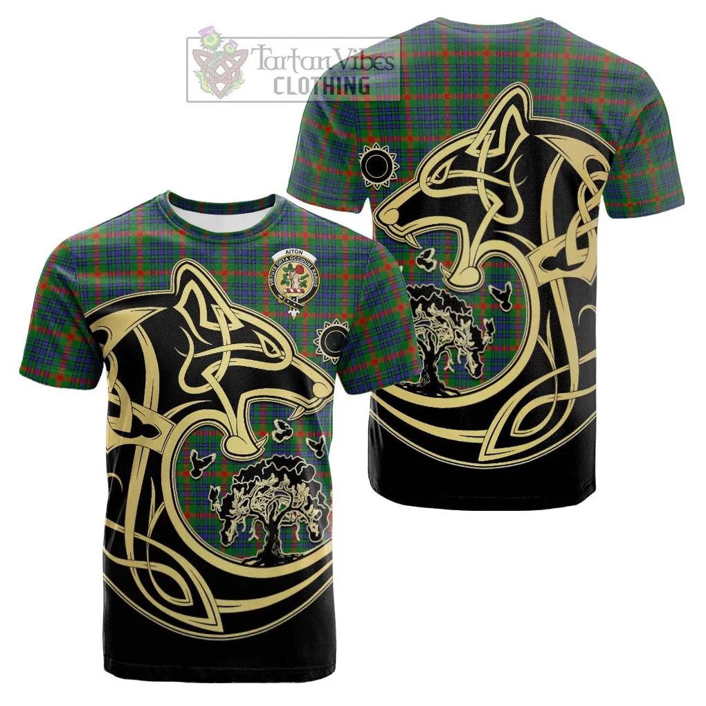 Aiton Tartan Cotton T-shirt with Family Crest Celtic Wolf Style