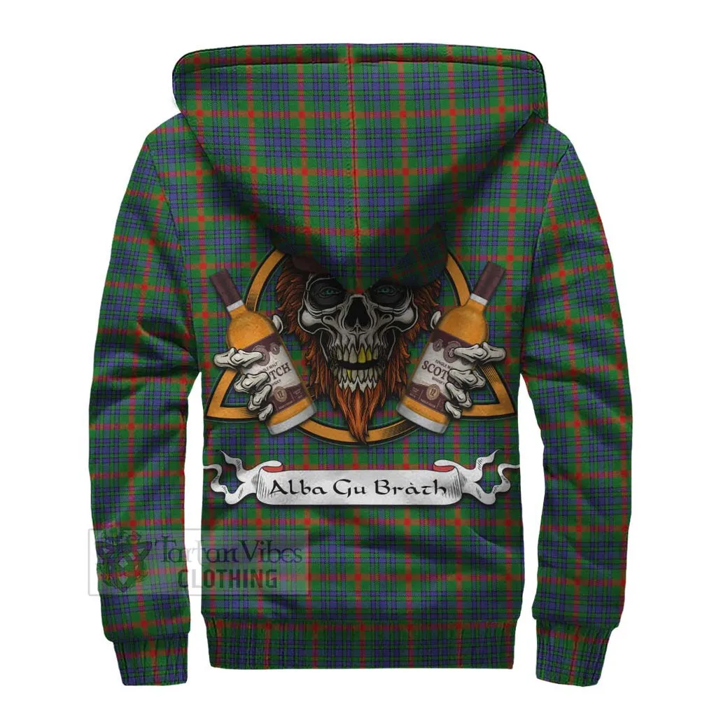 Aiton Tartan Sherpa Hoodie with Family Crest and Bearded Skull Holding Bottles of Whiskey