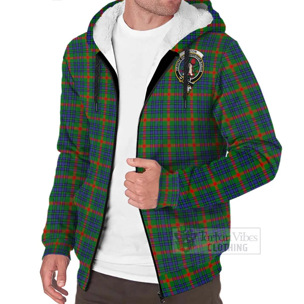 Aiton Tartan Sherpa Hoodie with Family Crest and Bearded Skull Holding Bottles of Whiskey