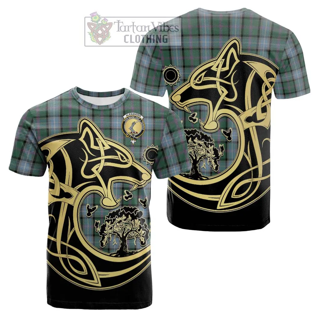 Alexander of Menstry Hunting Tartan Cotton T-shirt with Family Crest Celtic Wolf Style