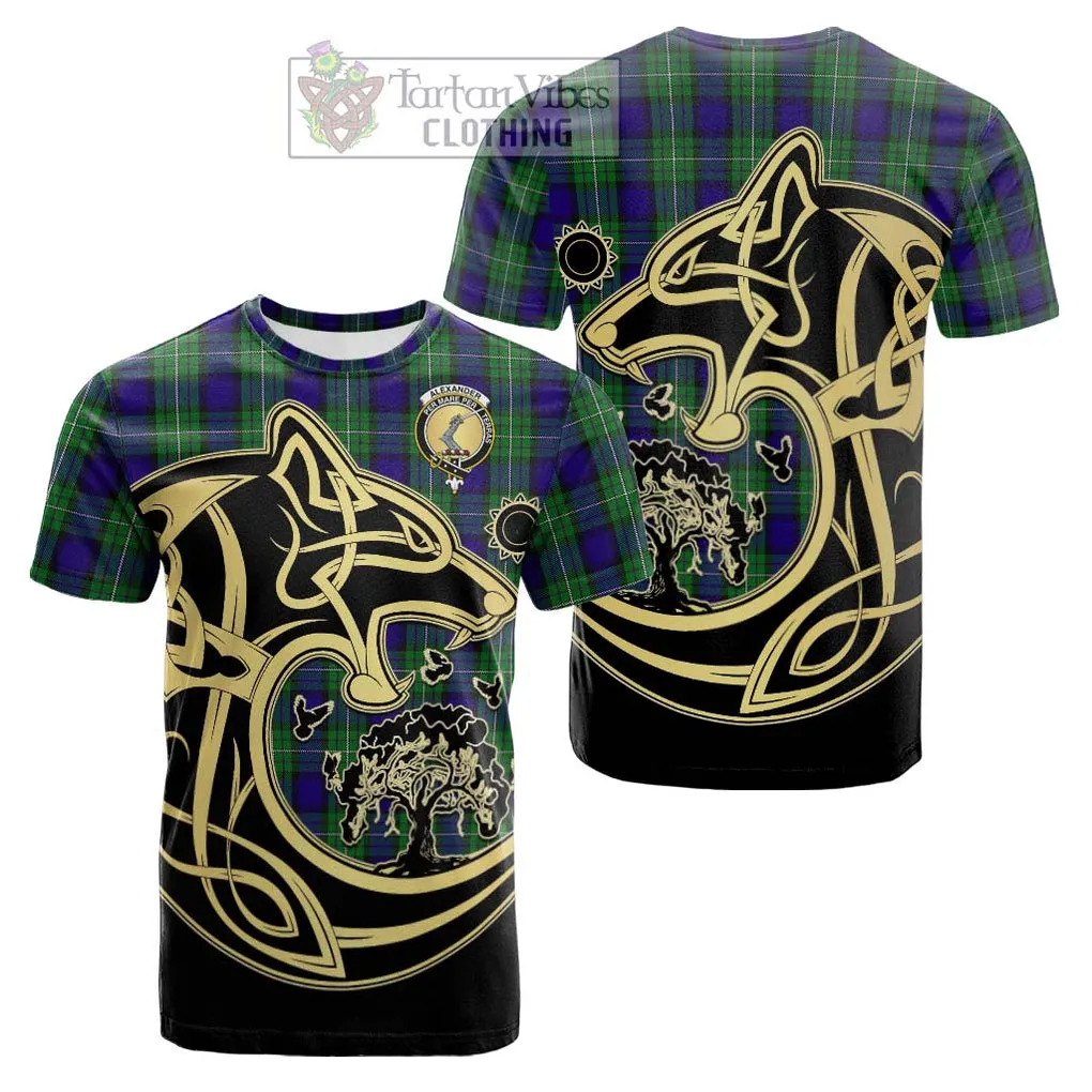 Alexander Tartan Cotton T-shirt with Family Crest Celtic Wolf Style