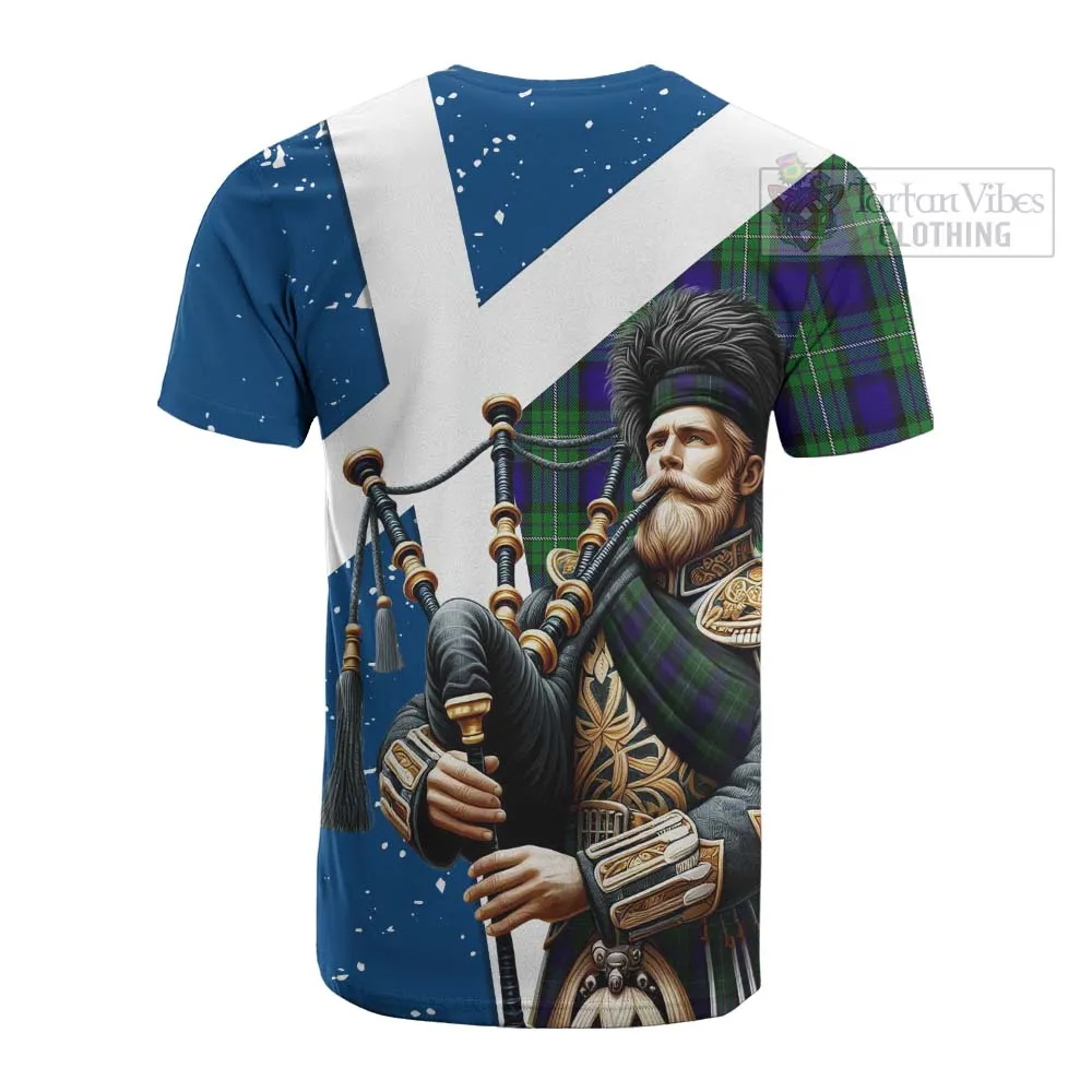 Alexander Tartan Cotton T-shirt with Family Crest Scottish Bagpiper Vibes