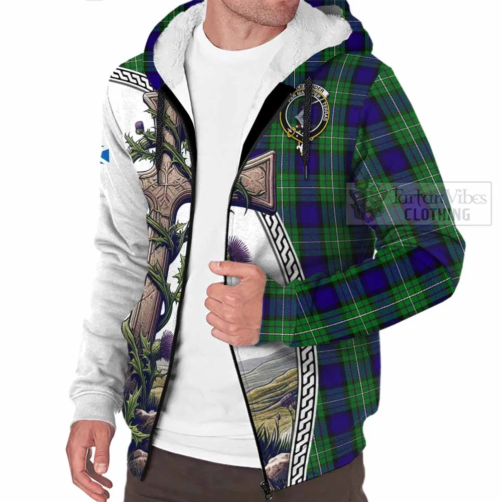 Alexander Tartan Sherpa Hoodie with Family Crest and St. Andrew's Cross Accented by Thistle Vines