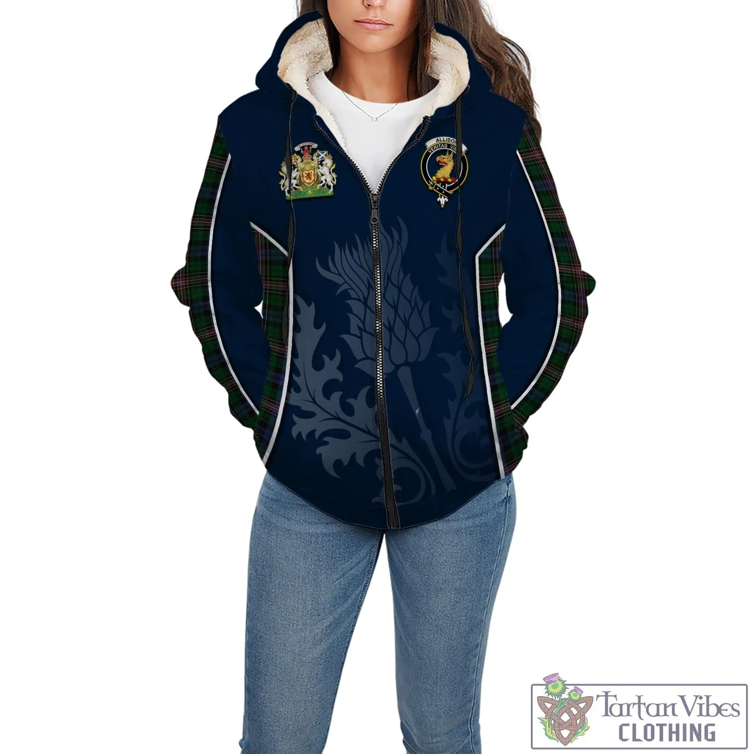 Allison Tartan Sherpa Hoodie with Family Crest and Scottish Thistle Vibes Sport Style