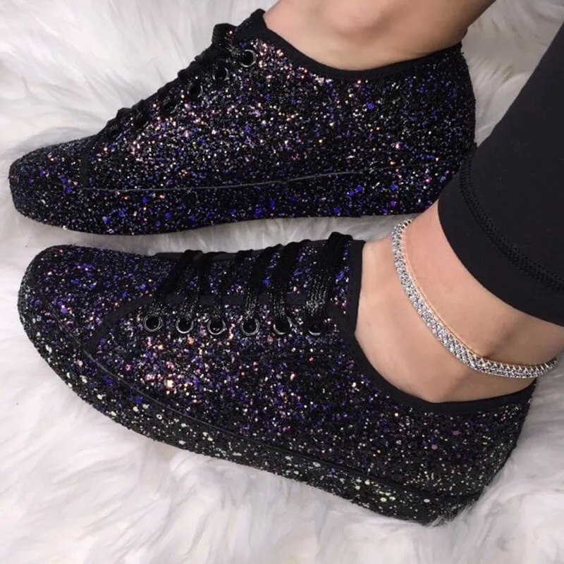 Amozae-Back to College 2024 Women Lace Up Sneakers Glitter Autumn Flat Vulcanized Ladies Bling Casual Female Fashion Platform Fashion Flat Shoes