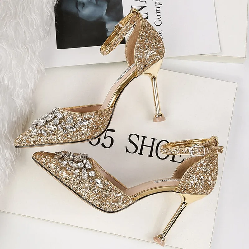 Amozae-Women Summer 9.5cm High Heels Crystal Luxury Sandals Lady Glitter Bling Pumps Footwear Sequins Wedding Bridal Sandles Shoes