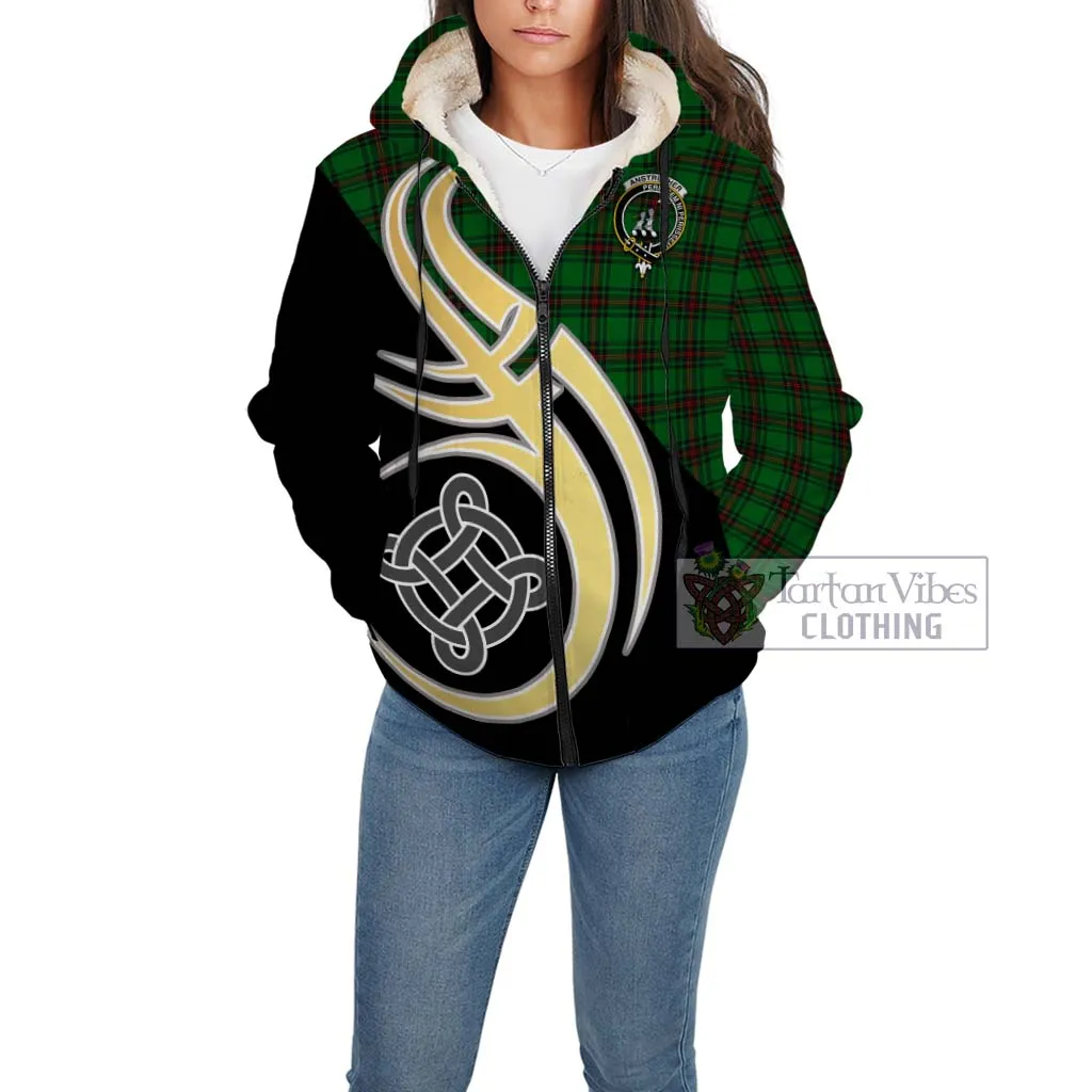 Anstruther Tartan Sherpa Hoodie with Family Crest and Celtic Symbol Style