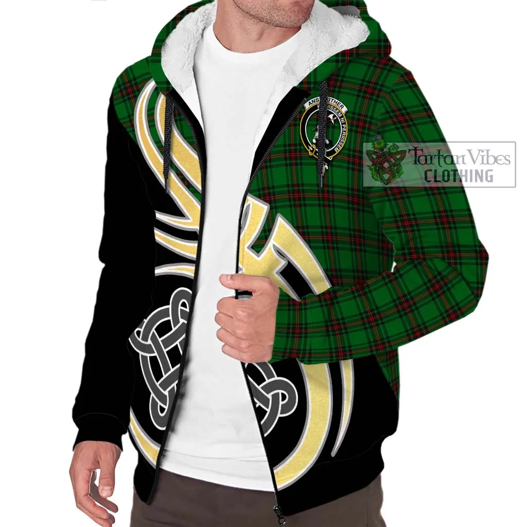 Anstruther Tartan Sherpa Hoodie with Family Crest and Celtic Symbol Style