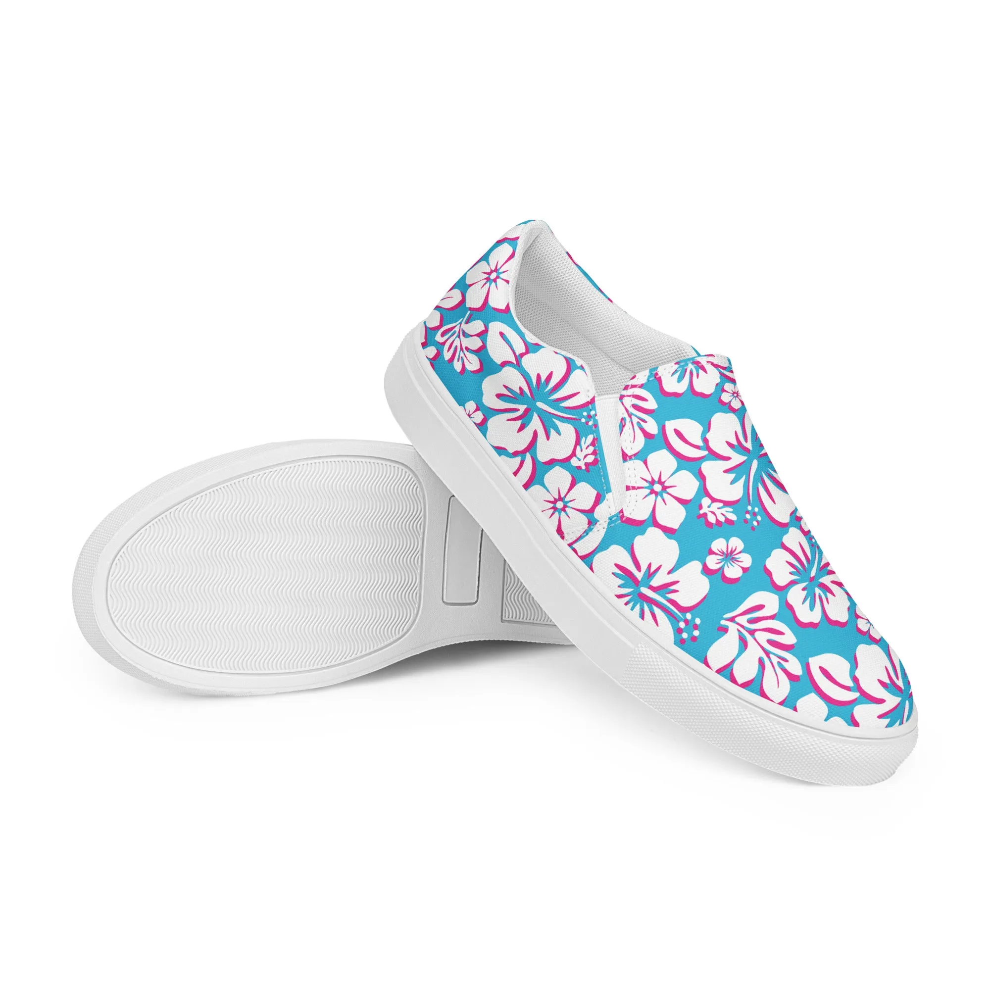 Aqua, Hot Pink and White Hawaiian Flowers Women's Slip On Canvas Shoes