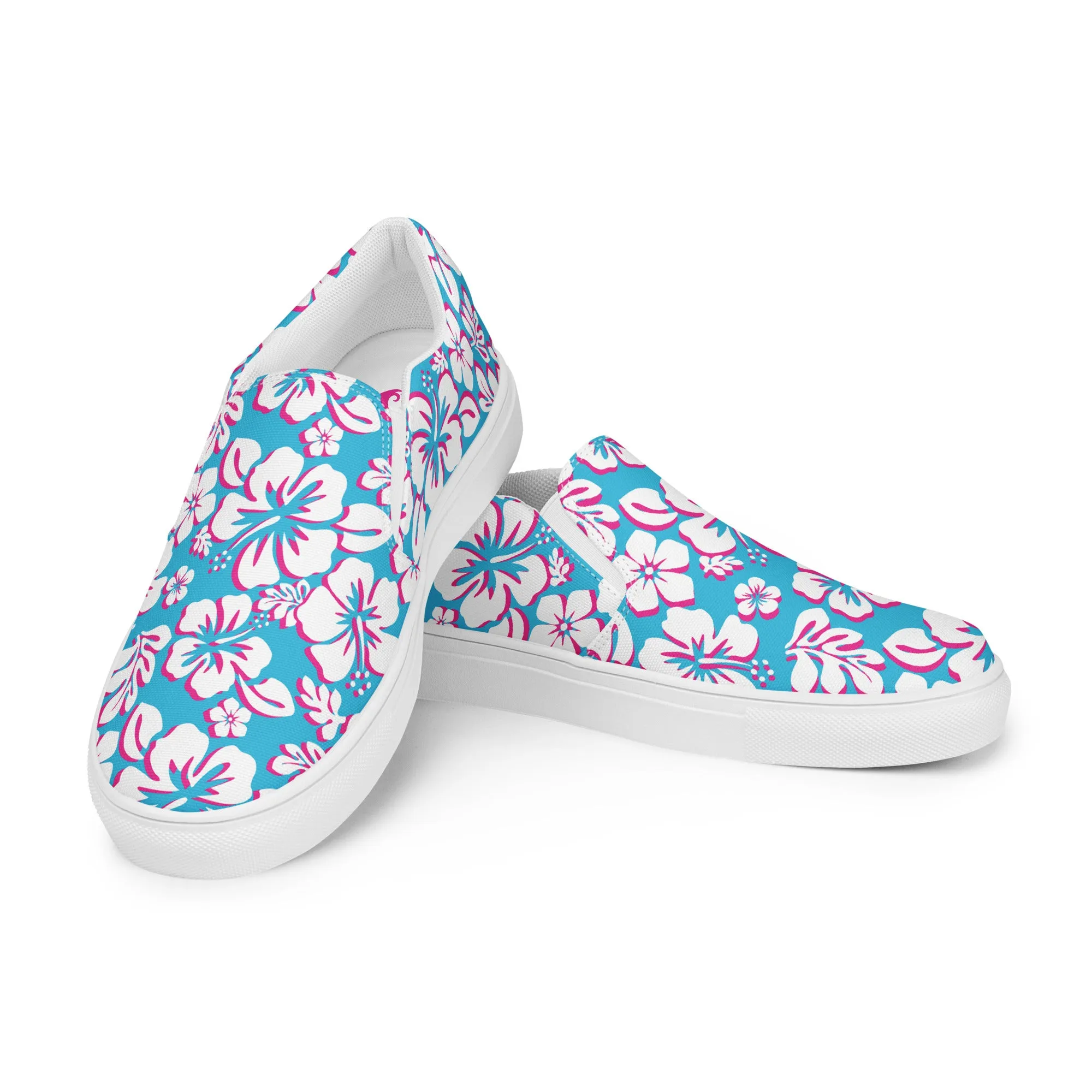 Aqua, Hot Pink and White Hawaiian Flowers Women's Slip On Canvas Shoes