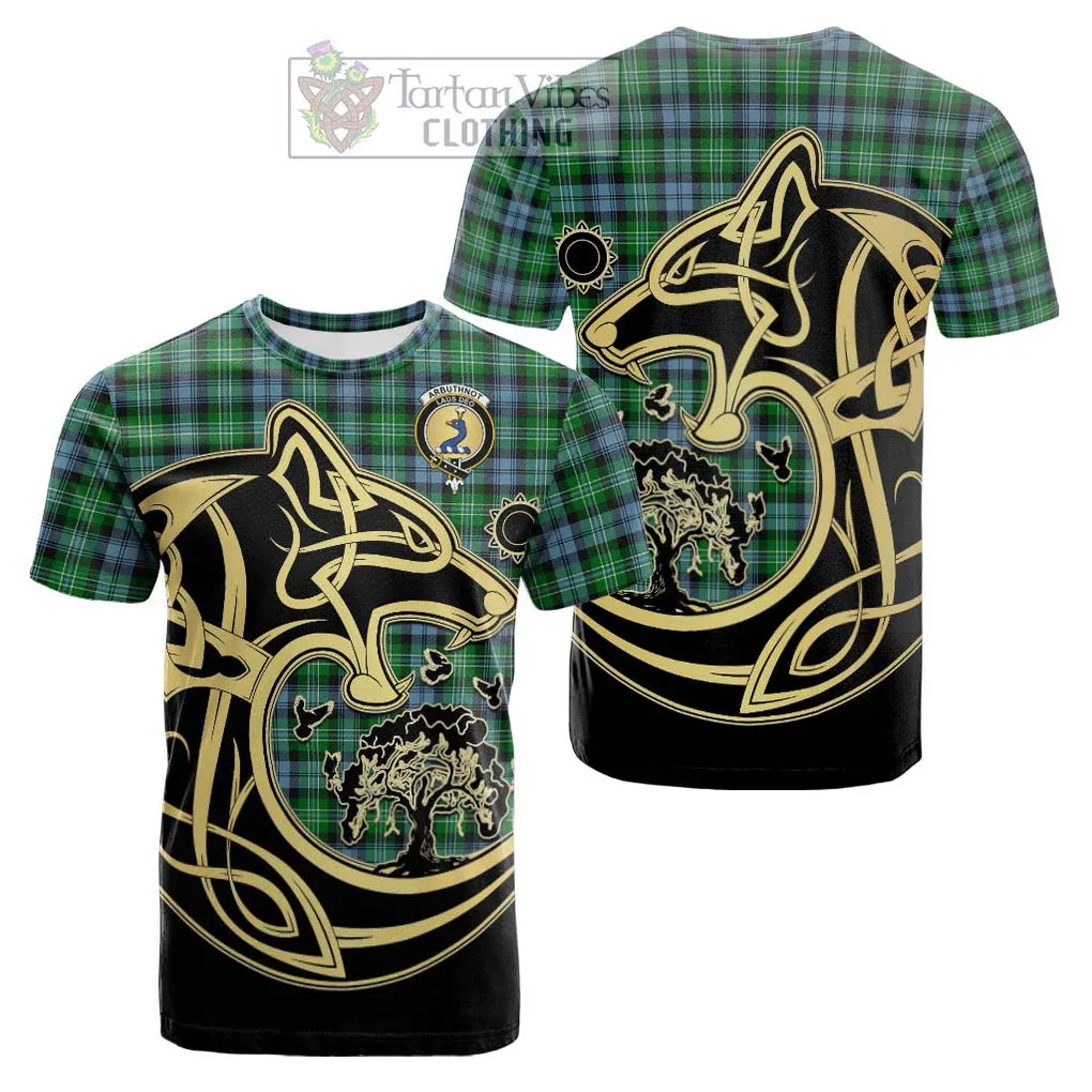 Arbuthnot Ancient Tartan Cotton T-shirt with Family Crest Celtic Wolf Style