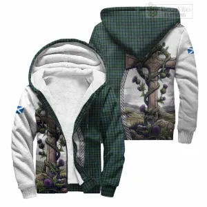 Arbuthnot Tartan Sherpa Hoodie with Family Crest and St. Andrew's Cross Accented by Thistle Vines