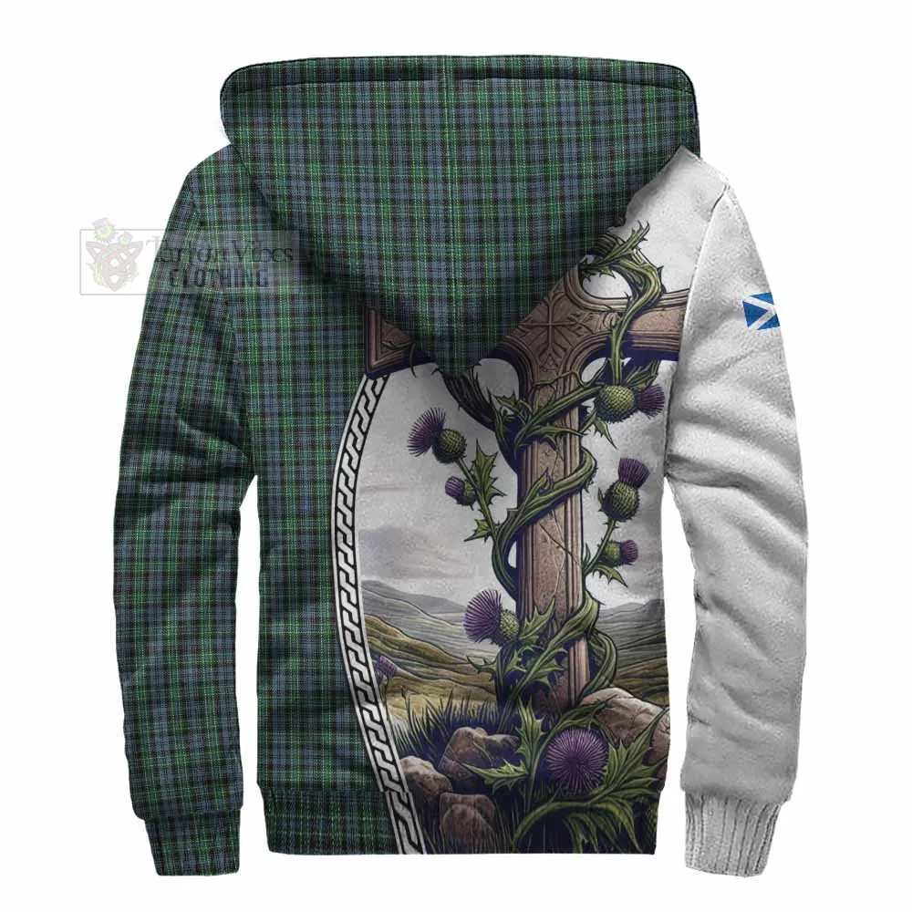 Arbuthnot Tartan Sherpa Hoodie with Family Crest and St. Andrew's Cross Accented by Thistle Vines