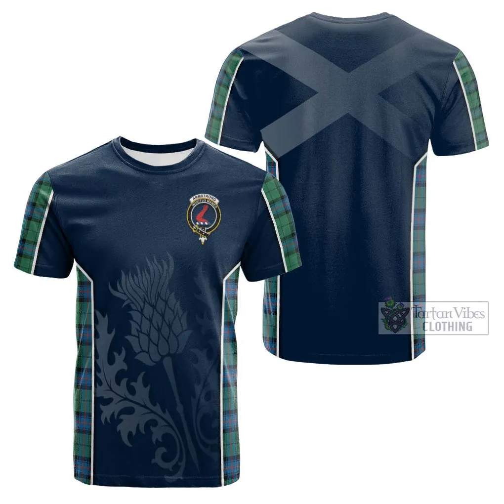 Armstrong Ancient Tartan Cotton T-shirt with Family Crest and Scottish Thistle Vibes Sport Style