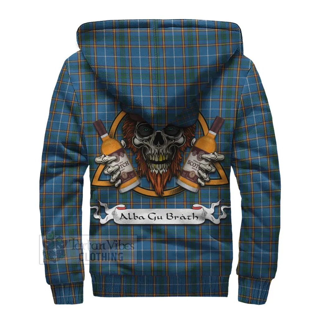 Bain Tartan Sherpa Hoodie with Family Crest and Bearded Skull Holding Bottles of Whiskey