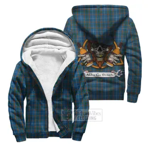 Bain Tartan Sherpa Hoodie with Family Crest and Bearded Skull Holding Bottles of Whiskey