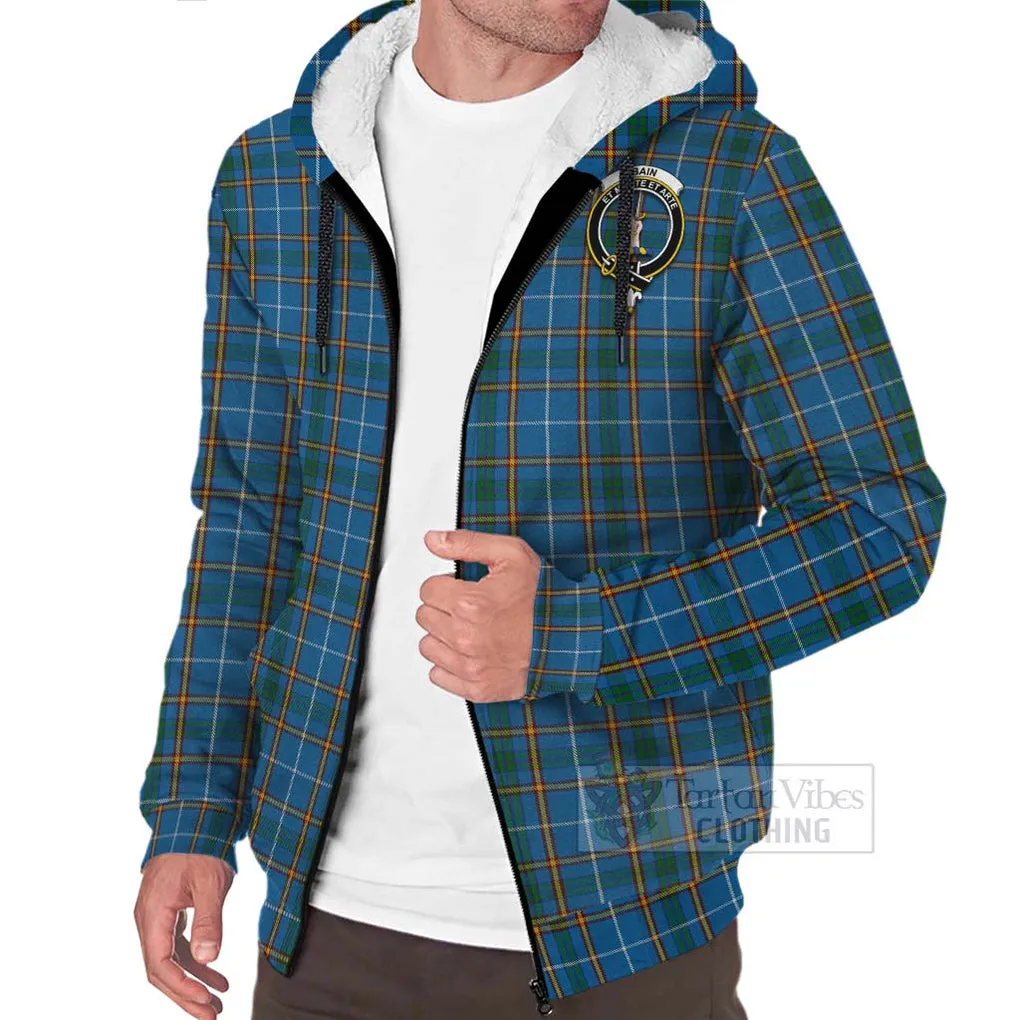 Bain Tartan Sherpa Hoodie with Family Crest and Bearded Skull Holding Bottles of Whiskey