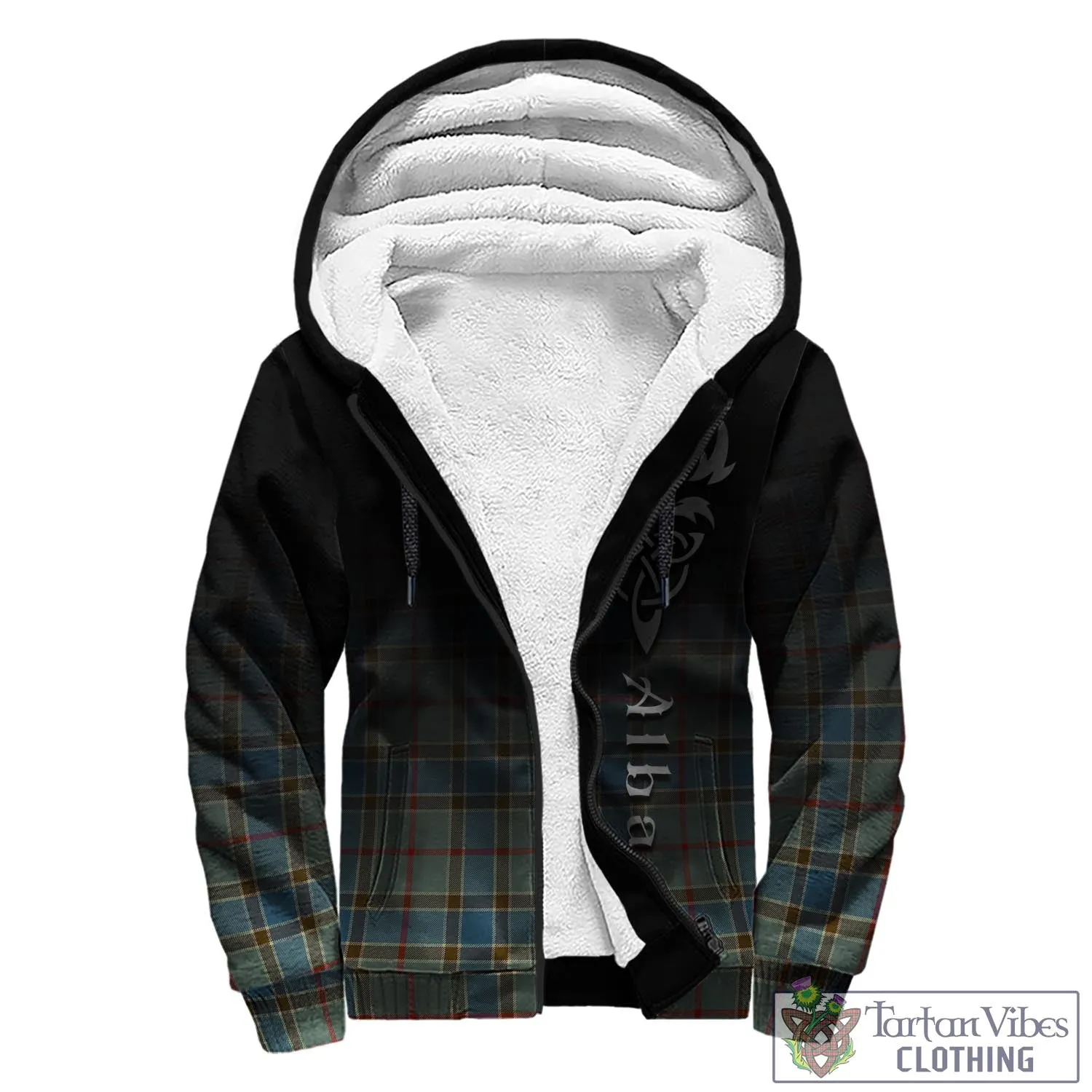 Balfour Blue Tartan Sherpa Hoodie Featuring Alba Gu Brath Family Crest Celtic Inspired