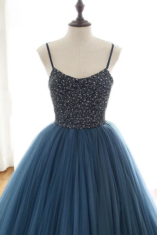 Ball Gown Deep Blue Tulle Prom Dress Evening Dress With Beading PSK143