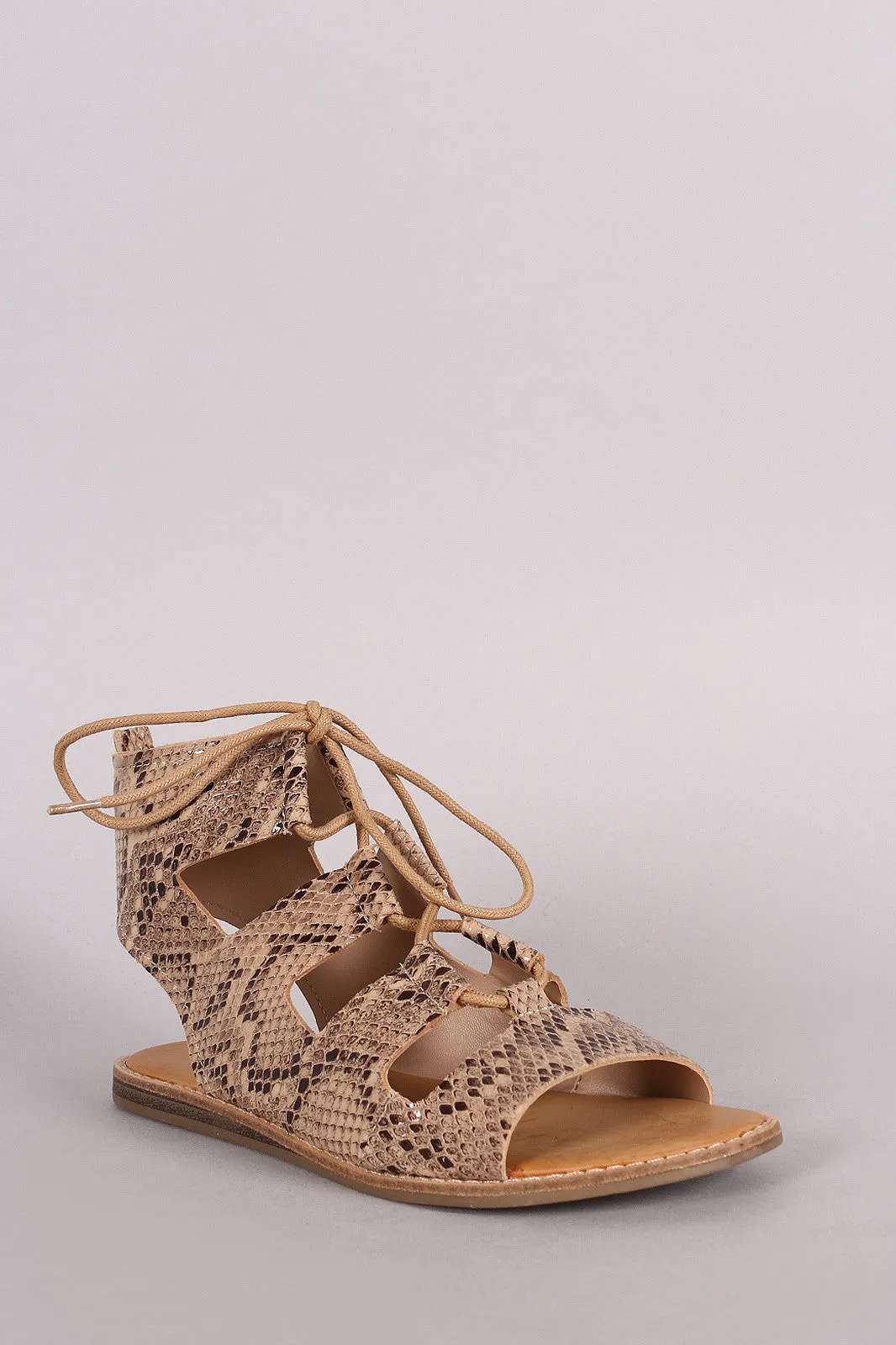 Banboo Python Open Toe Lace Up Gladiator Flat Sandal