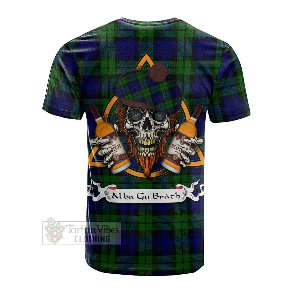 Bannatyne Tartan Cotton T-shirt with Family Crest and Bearded Skull Holding Bottles of Whiskey