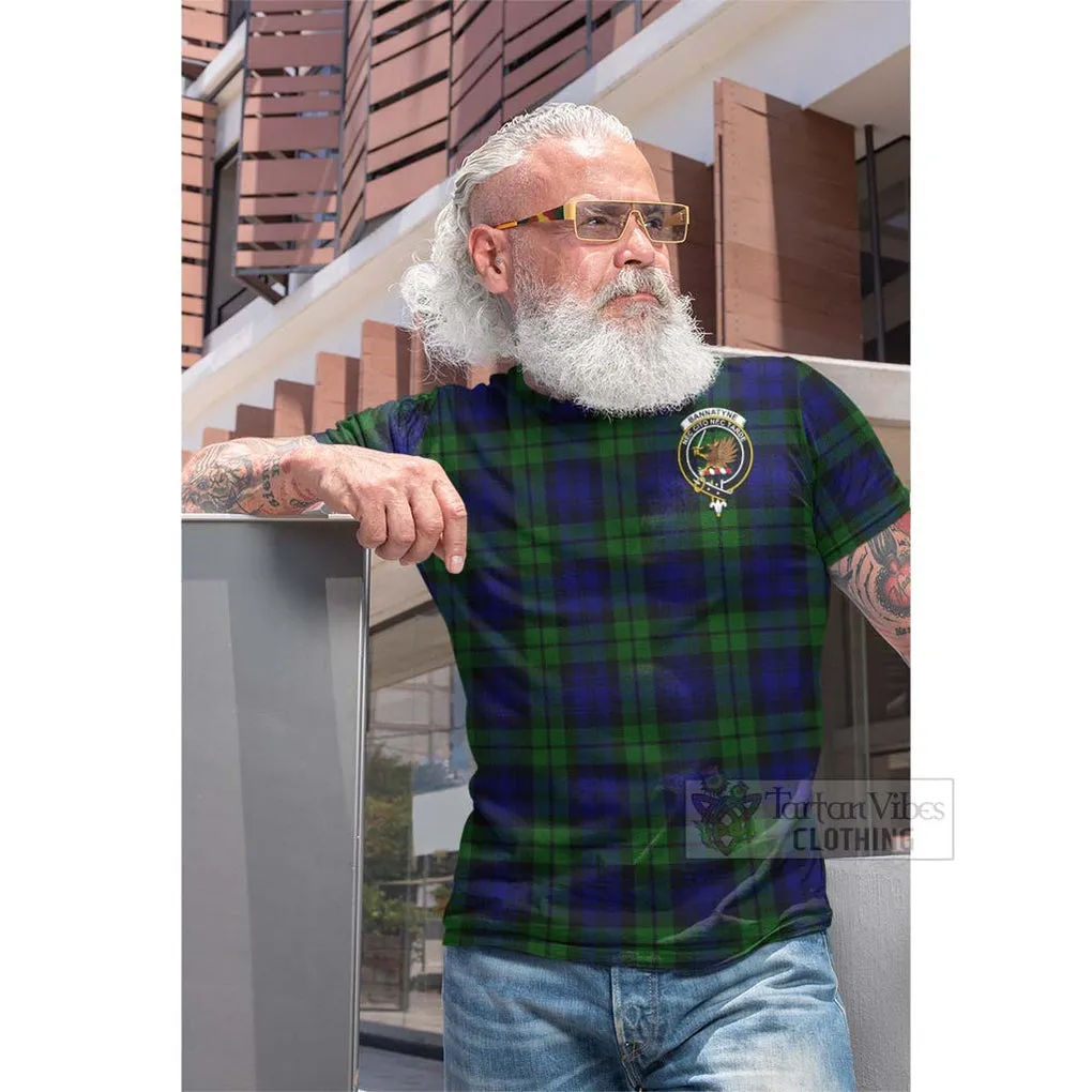 Bannatyne Tartan Cotton T-shirt with Family Crest and Bearded Skull Holding Bottles of Whiskey