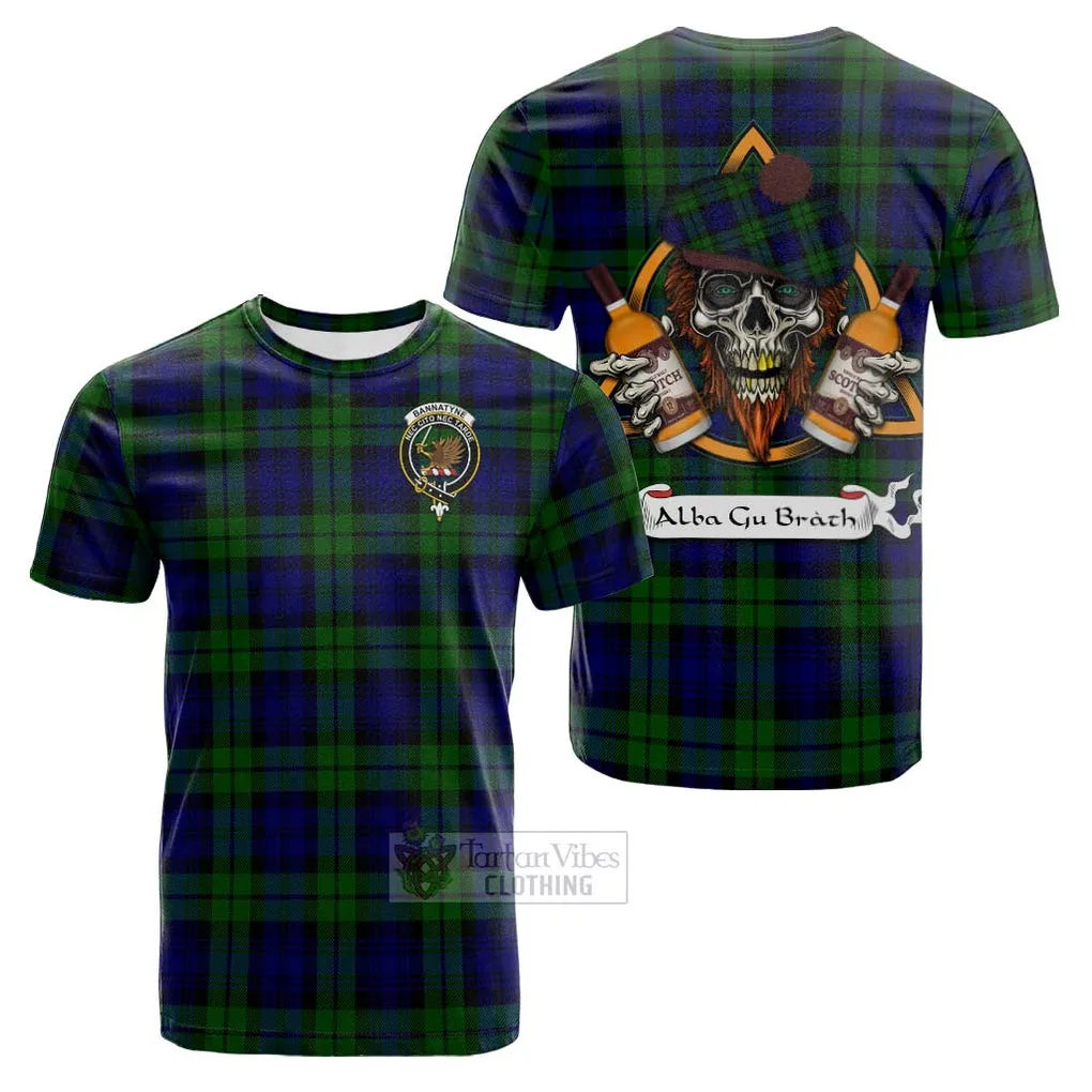 Bannatyne Tartan Cotton T-shirt with Family Crest and Bearded Skull Holding Bottles of Whiskey