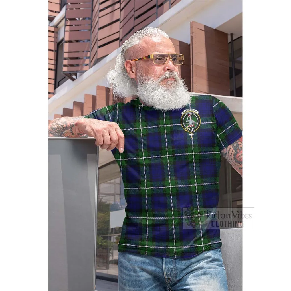 Bannerman Tartan Cotton T-shirt with Family Crest and Bearded Skull Holding Bottles of Whiskey