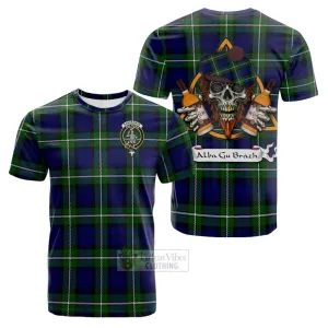 Bannerman Tartan Cotton T-shirt with Family Crest and Bearded Skull Holding Bottles of Whiskey