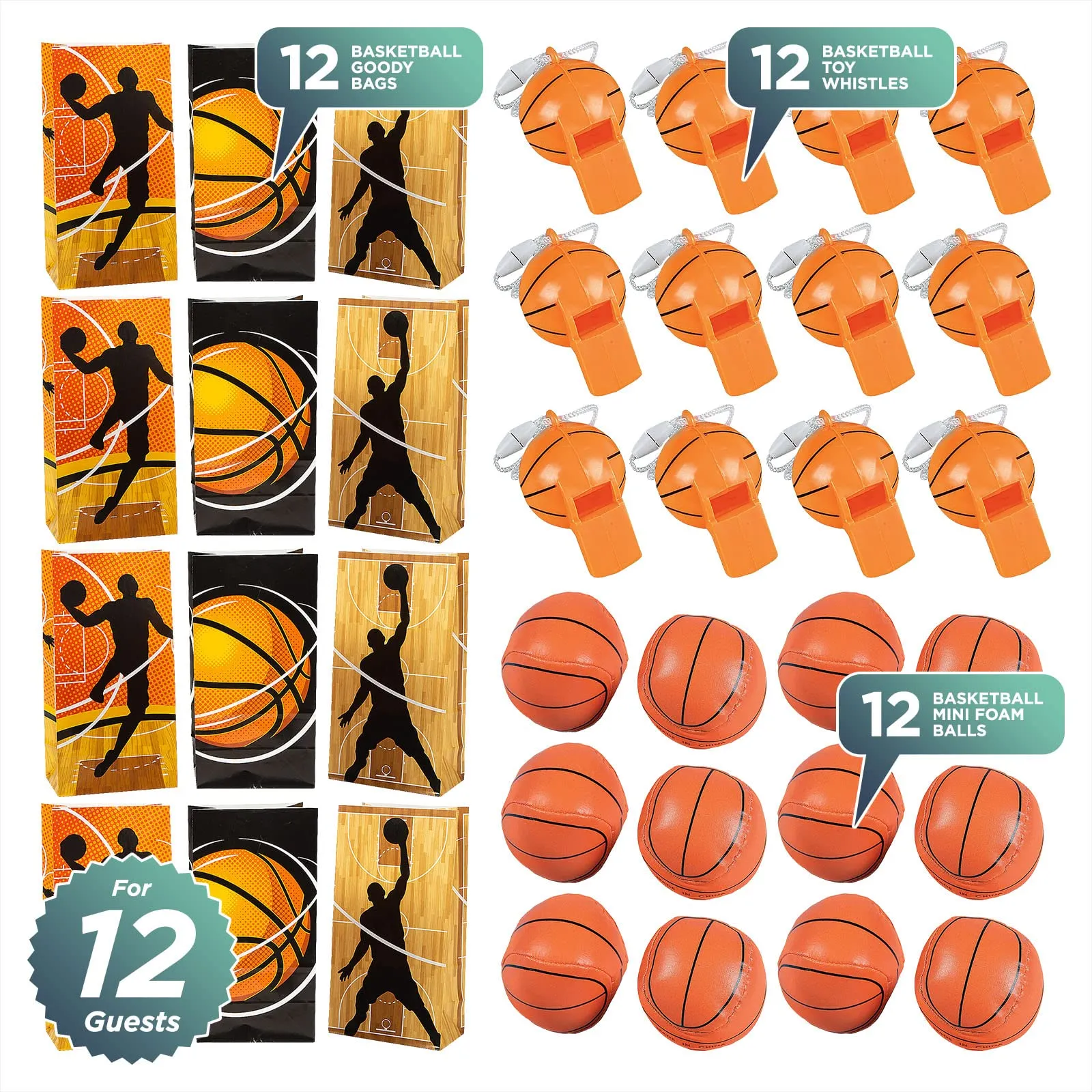 Basketball Party Favors - Paper Goody Bags Mini Foam Basketballs, and Basketball Whistles for 12 Guests