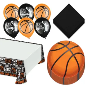 Basketball Party Pack - Large Paper Dinner Plates, Lunch Napkins, Balloons, and Table Cover Set (Serves 16)