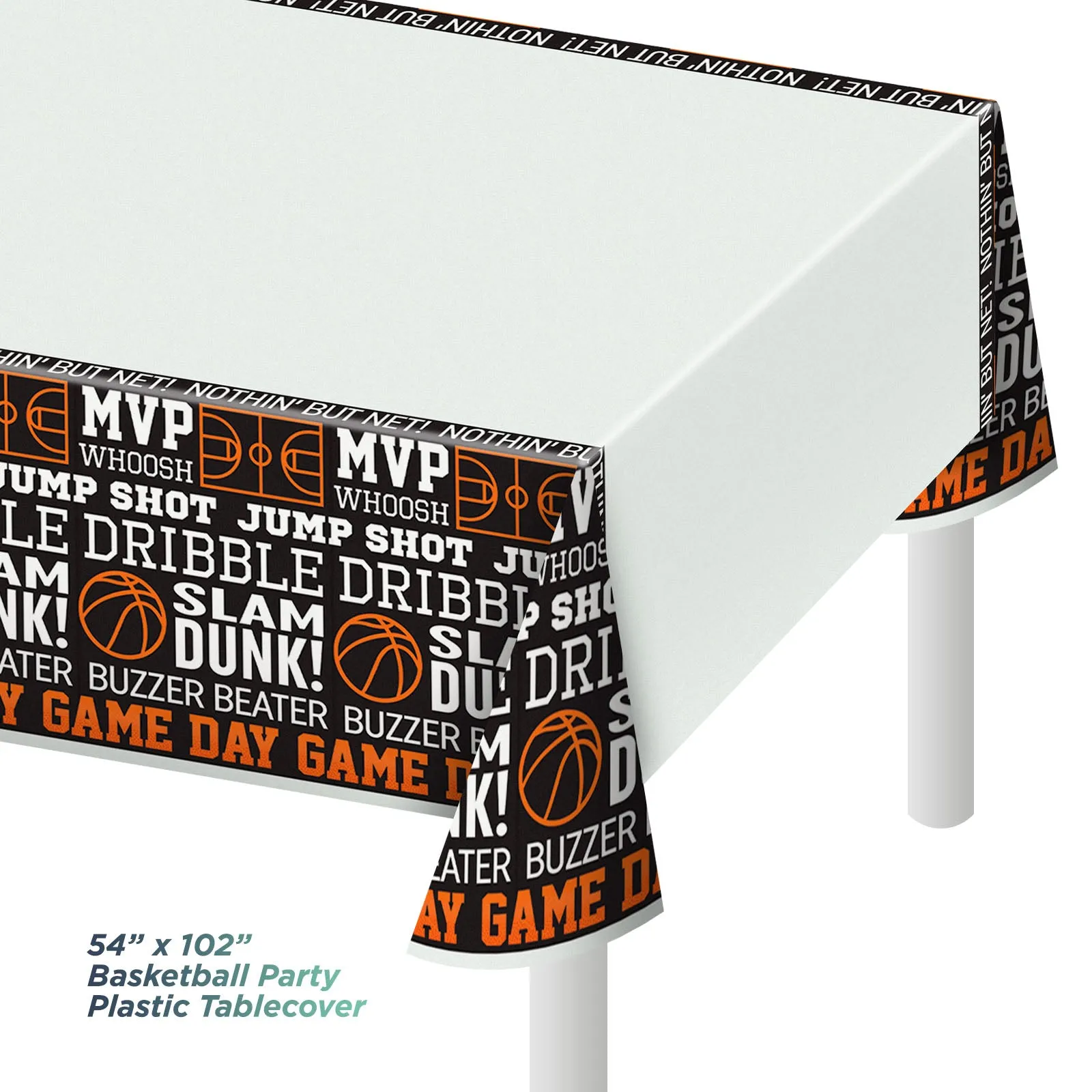 Basketball Party Pack - Large Paper Dinner Plates, Lunch Napkins, Balloons, and Table Cover Set (Serves 16)