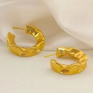 Beaten Gold Glossy 18K Gold Anti Tarnish Copper Hoop Bali Earring for Women