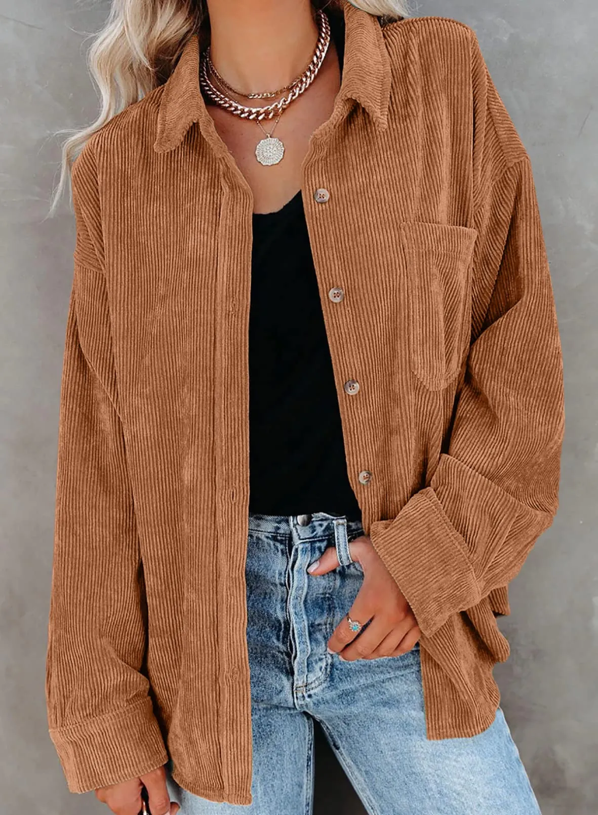 Beige Womens Corduroy Button Down Shirts Boyfriend Long Sleeve Oversized Blouses Tops - Dokotoo