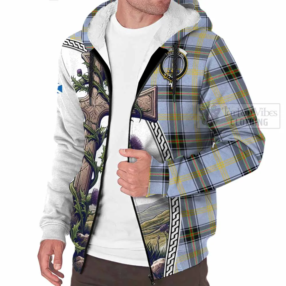 Bell Tartan Sherpa Hoodie with Family Crest and St. Andrew's Cross Accented by Thistle Vines