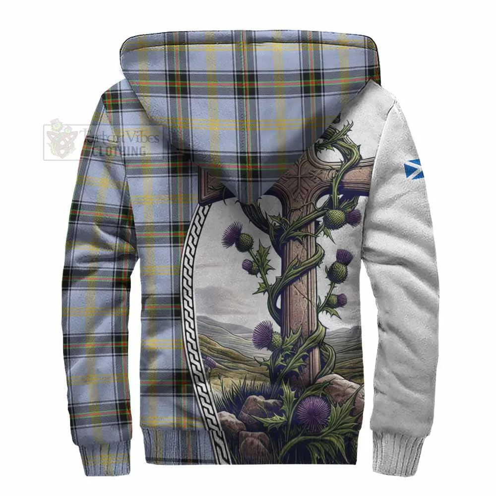 Bell Tartan Sherpa Hoodie with Family Crest and St. Andrew's Cross Accented by Thistle Vines